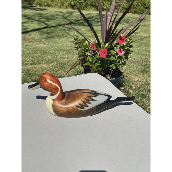 VTG Fetco Hand Carved Hand Painted Wooden Duck Decoy Glass Eyes 16" Bill To Tail - Picture 16 of 16